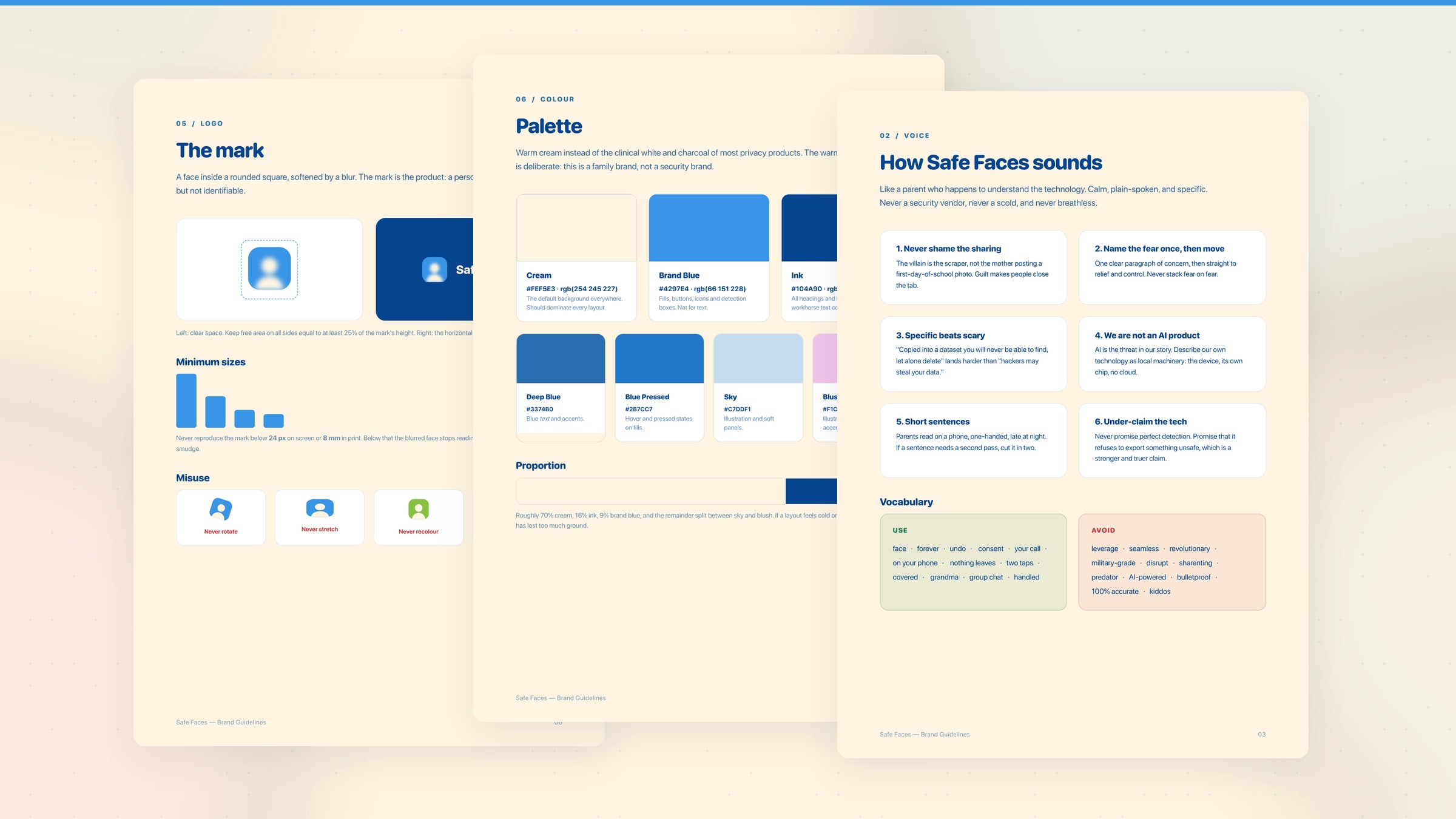 Safe Faces brand system — logo, color, and typography