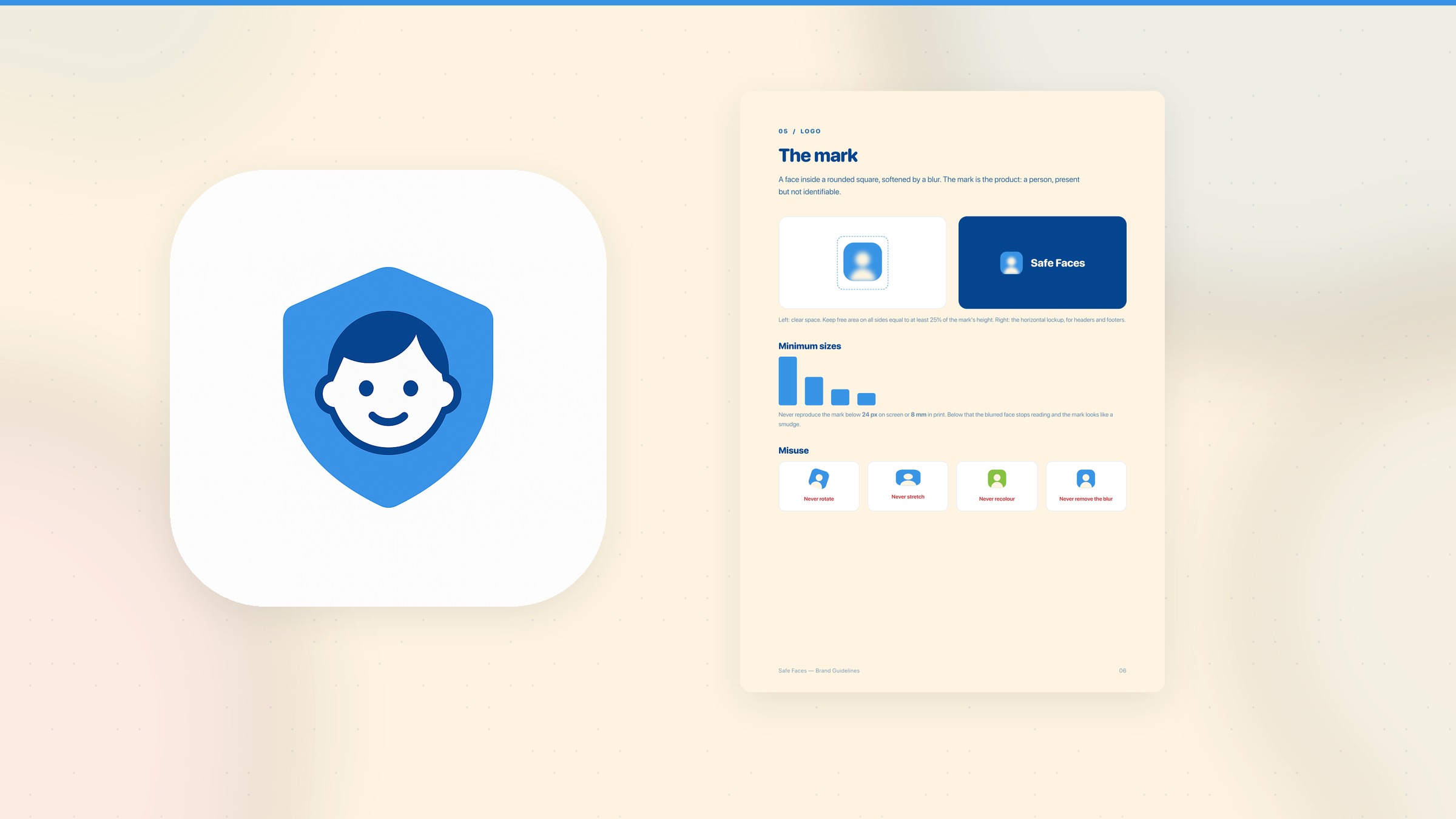 Safe Faces brand guidelines — logo lockups, color, voice, and privacy claims