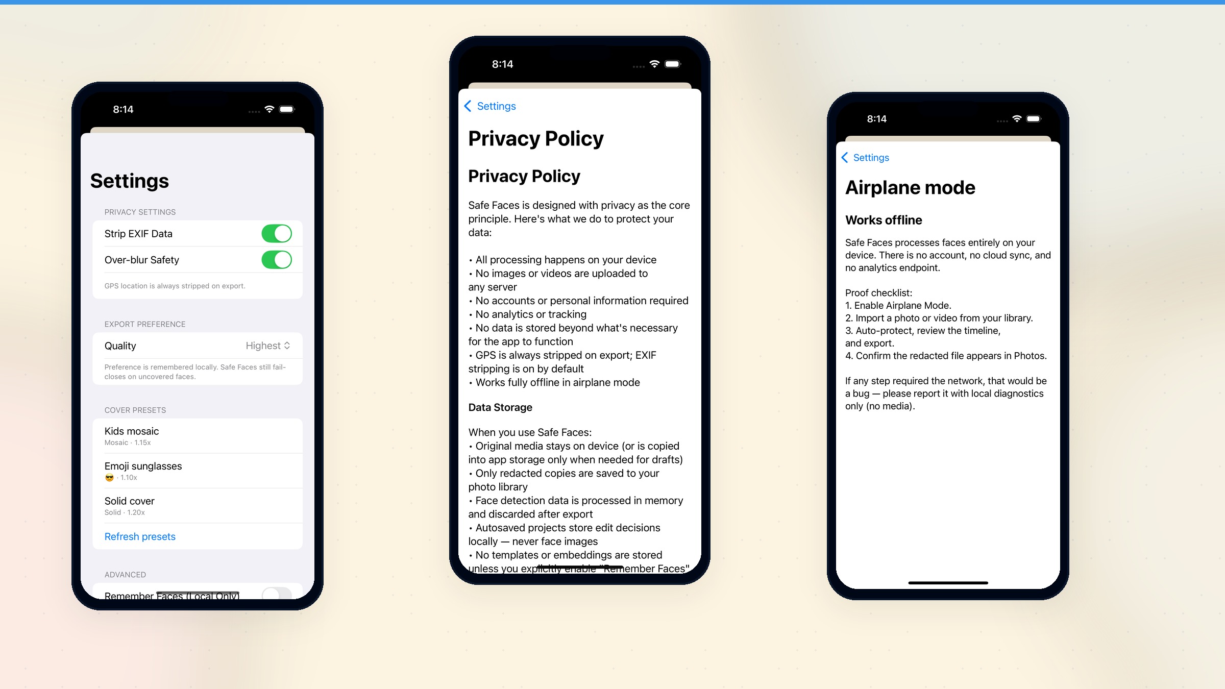 Safe Faces privacy architecture — on-device processing without cloud uploads