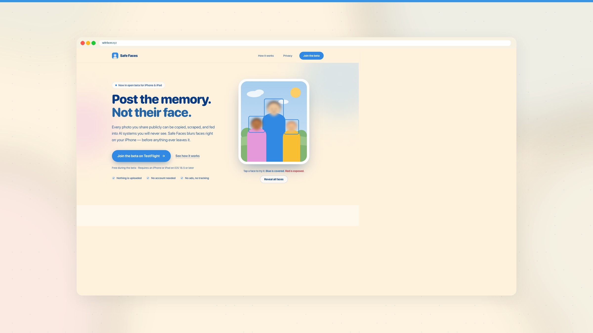 Safe Faces landing page routing users to TestFlight