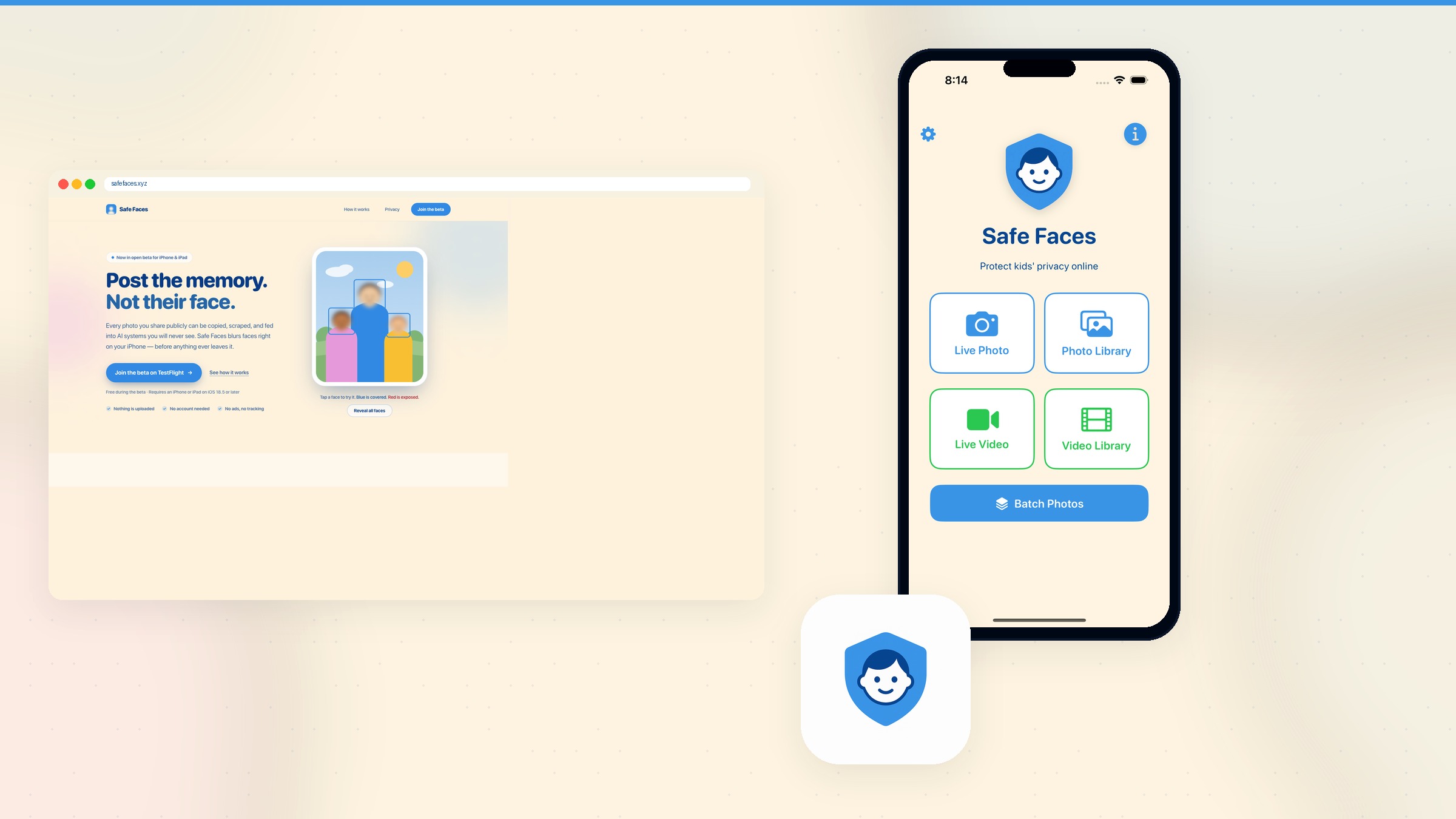 Safe Faces full ecosystem — brand, app, and website