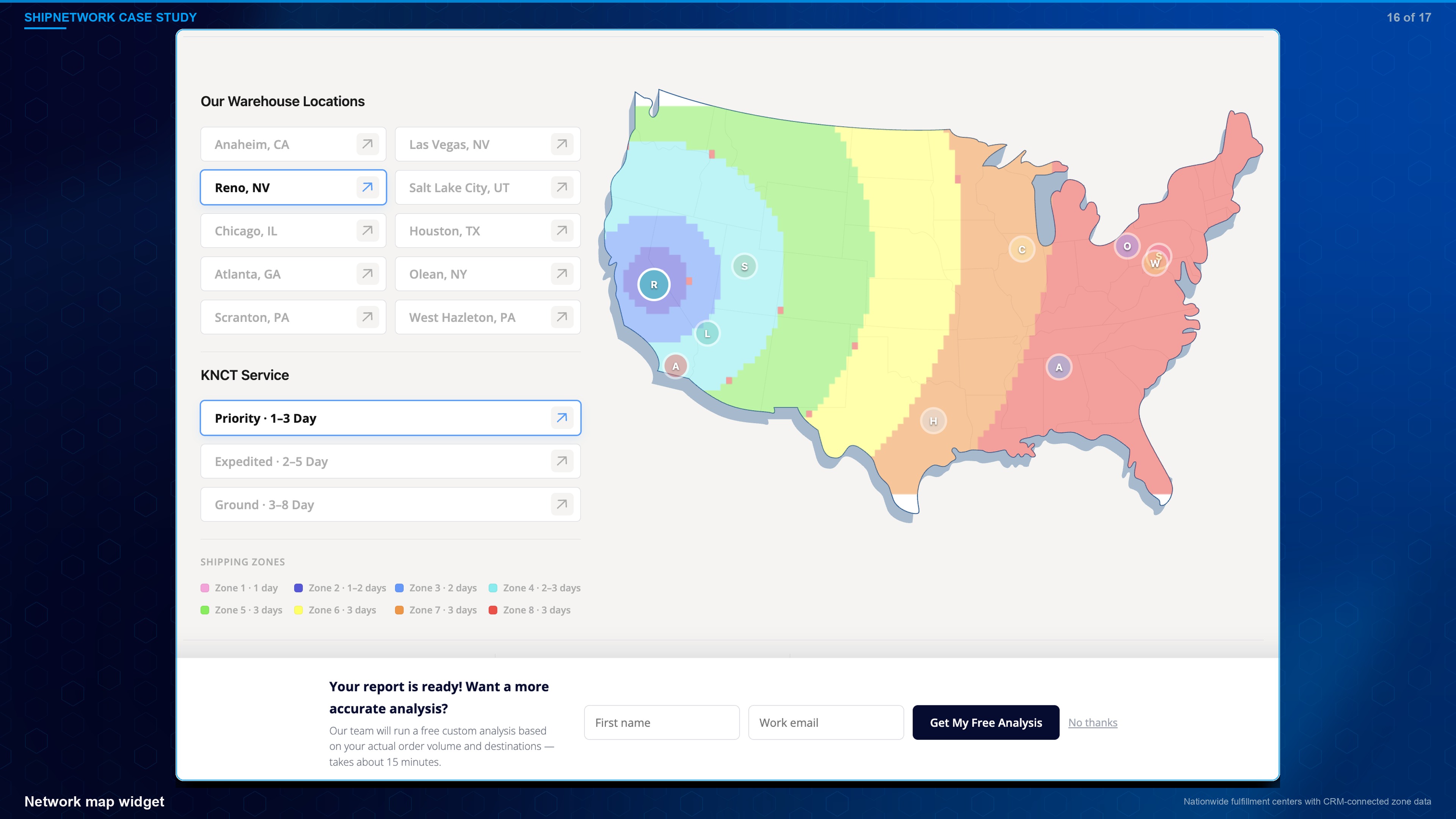 ShipNetwork network map widget — interactive nationwide fulfillment centers with zone data